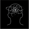 A human profile with orbiting paths of thought