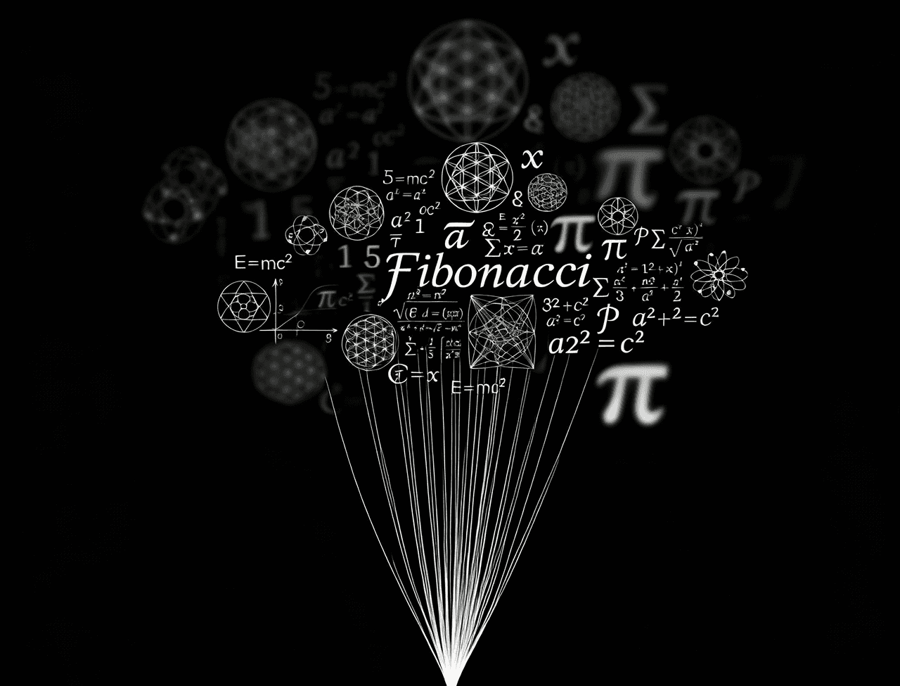 A constellation of sacred-geometry circles and mathematical symbols converging into a single point